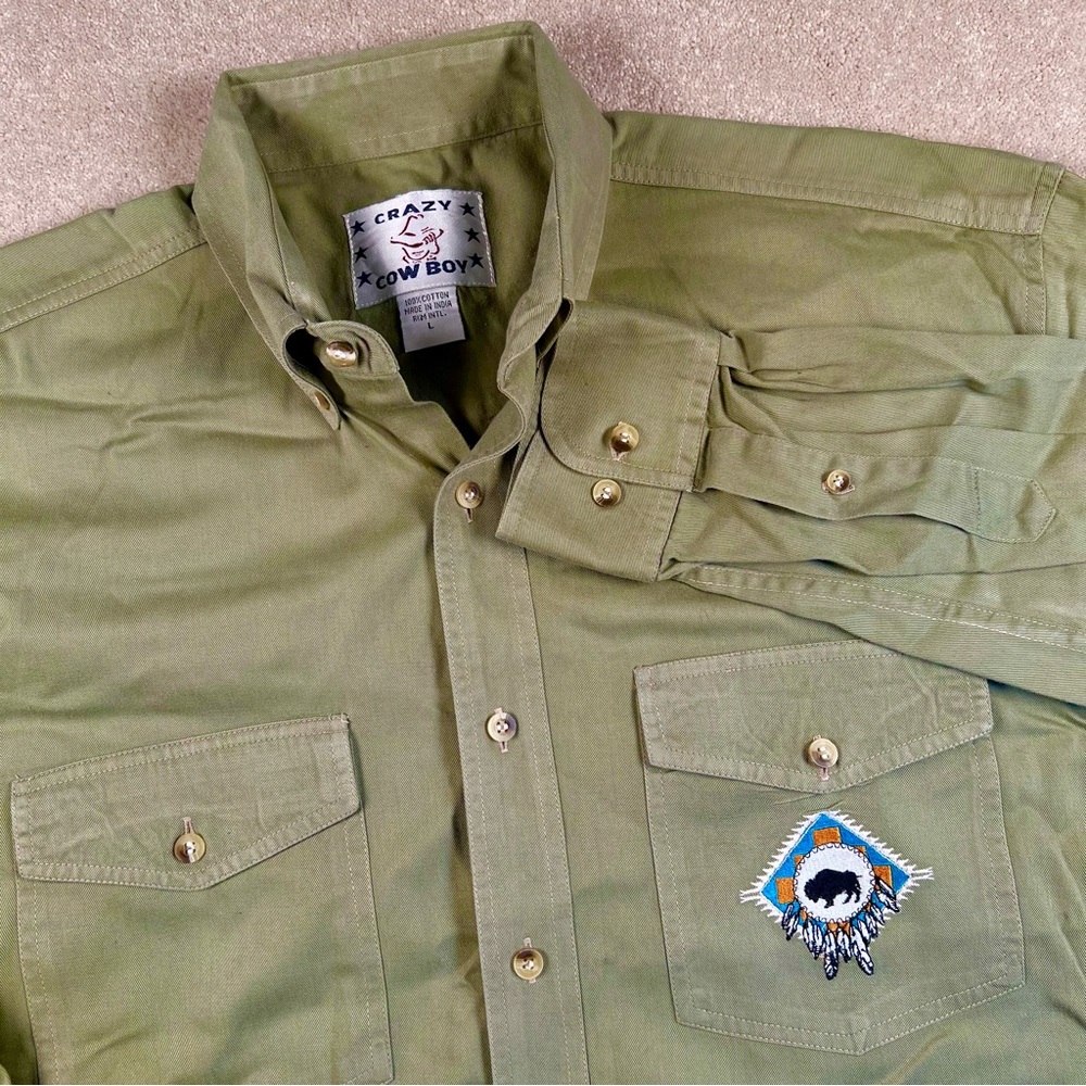 Crazy Cowboy Button Down Green Embroidered Buffalo 100% Cotton Casual Mens Large